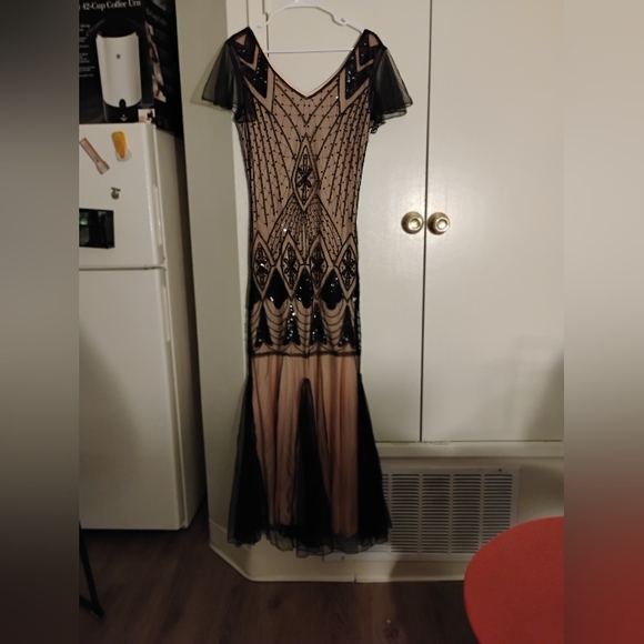 NWOT PINK AND BLACK 1920S CAP SLEEVE SEQUIN EVENING DRESS Medium - Picture 8 of 13